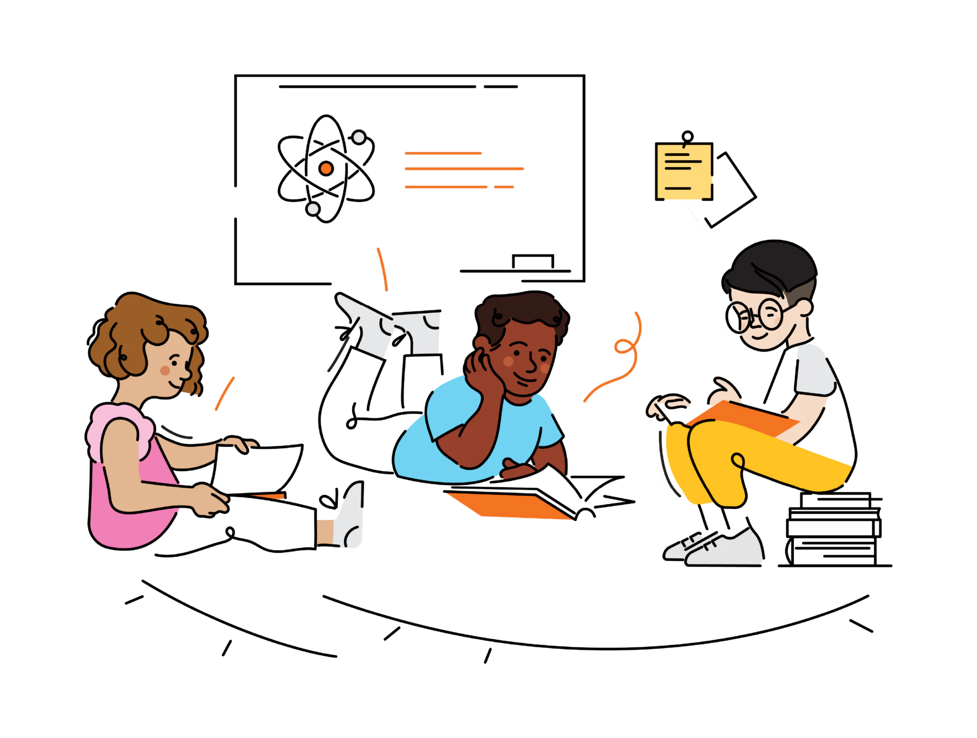 Three diverse students study collaboratively around books and laptops, with a science of reading-themed display on a monitor in the background.