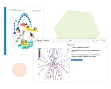 Interactive digital math lesson interface with colorful graphics showing parabola exploration and plotting tools on screen, enhanced by the New York math curriculum.