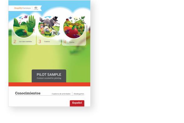 Illustration of a colorful educational brochure in spanish, featuring four panels with themes like gardening and baking.
