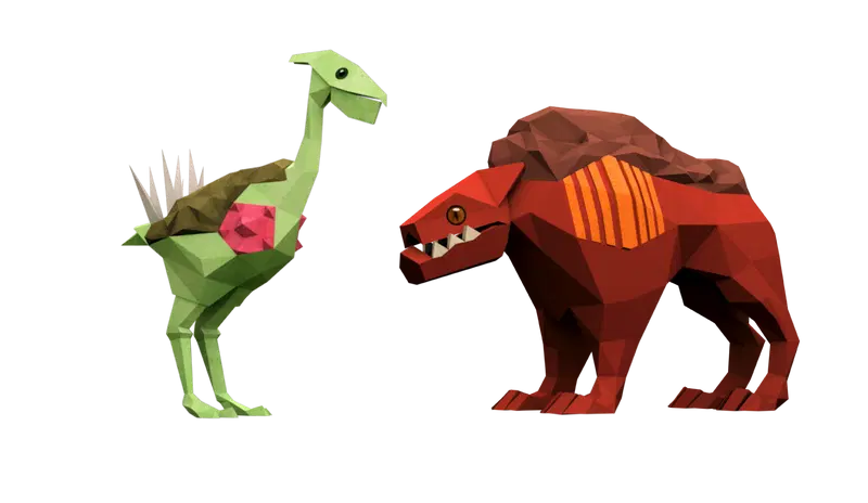 Un dinosaurio verde de baja poli con púas y un escudo rojo en su costado se encuentra junto a una criatura parecida a un oso rojo de baja poli con marcas naranjas en su espalda.