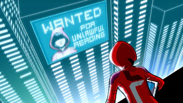 A futuristic cityscape with a figure in a red hood looking at a large digital billboard displaying a "wanted for unlawful reading" alert.