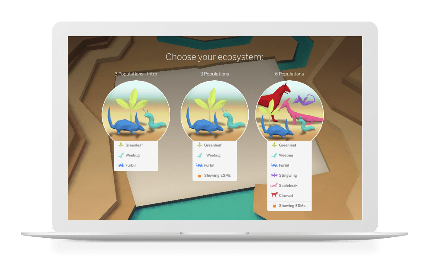A laptop screen displaying a map with three ecosystem options, each illustrated by different animal icons and accompanied by relevant data lists.