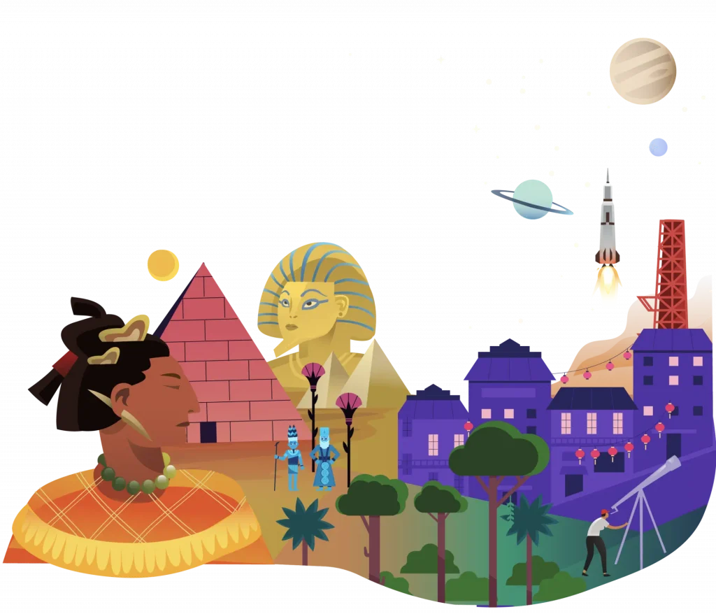 Ilustración que muestra una escena del antiguo Egipto con pirámides y un faraón, en transición a un paisaje urbano moderno con tragaluces, edificios, el lanzamiento de un cohete y cuerpos celestes en el cielo nocturno.