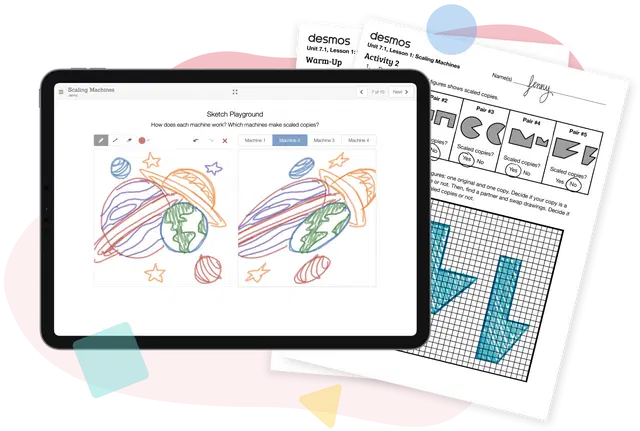 Tableta que muestra una actividad ilustrativa de bocetos matemáticos con dibujos coloridos y papeles con ejercicios matemáticos y notas detrás.