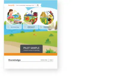 Illustration of a colorful educational book cover titled "amplify core knowledge language arts" for grade 1, featuring diverse thematic circles like farming, space, and cultures.