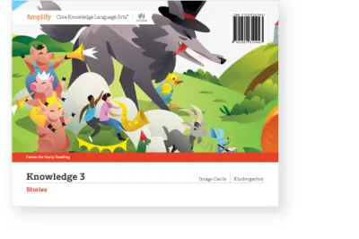 Cover of "knowledge 3" kindergarten image cards featuring a colorful illustration of children and animals engaging with storybook characters in a fantasy setting.