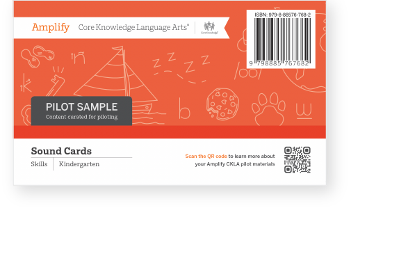 Back cover of an amplify core knowledge language arts pilot sample card deck, with qr code and isbn, featuring education-themed illustrations.