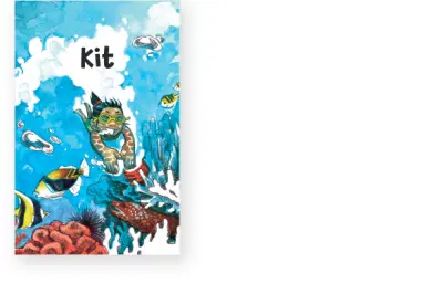 A colorful book cover titled "kit" featuring a young boy swimming underwater with various fish and a turtle, surrounded by vibrant coral.