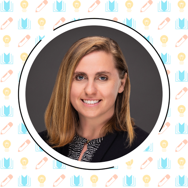 A woman with shoulder-length blond hair wearing a black blazer and patterned blouse smiles in a circular frame. The background features light bulb and pencil icons, subtly hinting at research-based instructional strategies for reading.