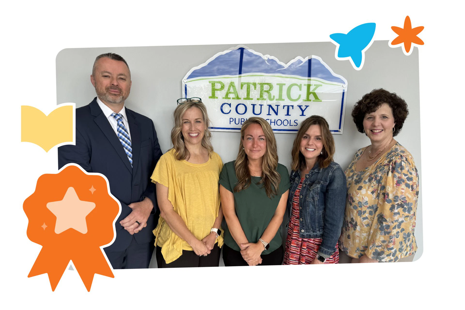 Five people stand smiling in front of a Patrick County Public Schools sign, celebrating their commitment to early literacy. Decorative icons surround them, symbolizing the innovative reading curriculum they're implementing.