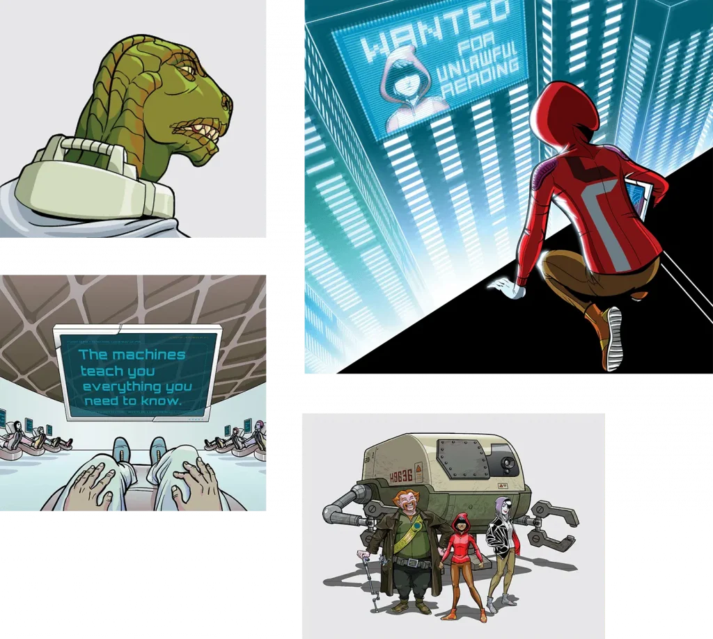 Comic book-style illustration featuring four panels: a close-up of a reptilian character, Spider-Man looking at a "wanted" sign, a message about machines amplified for middle school reading, and a group