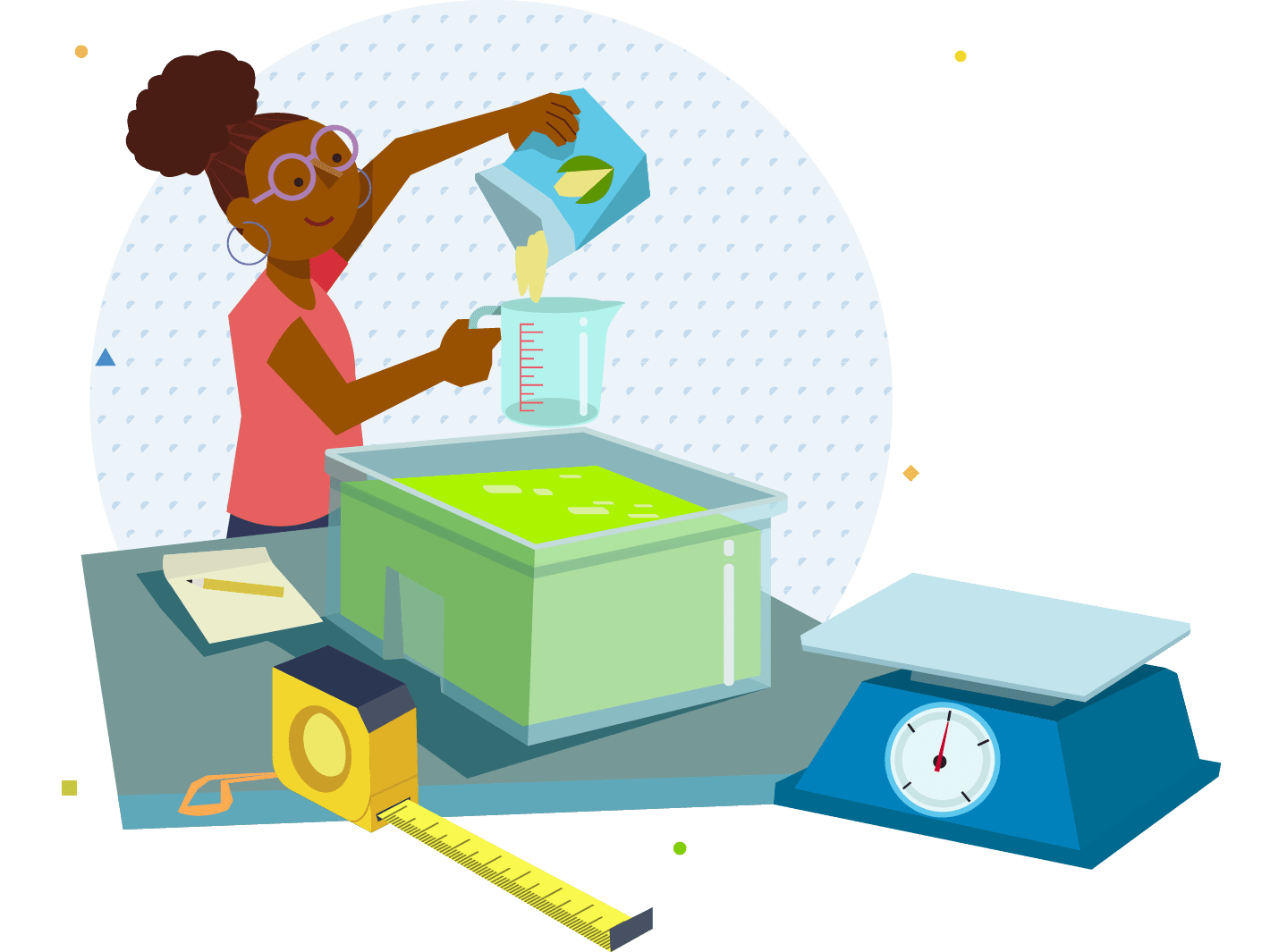 A young girl solving a K-12 mathematics problem by pouring liquid into a container, surrounded by various lab equipment like a scale and measuring tape.