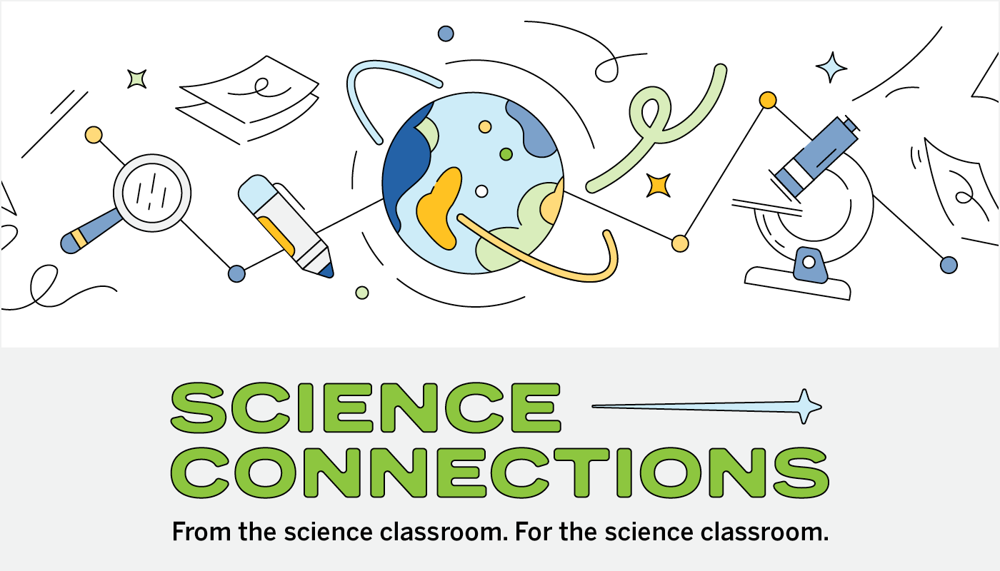 Illustration of a globe with scientific tools like a microscope and magnifying glass, surrounded by abstract lines and shapes. Text below reads: "Science Connections.