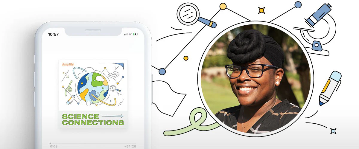 Illustration of a tablet displaying an educational app called "science connections" next to a circular portrait of a smiling black woman wearing glasses, who is a science teacher.