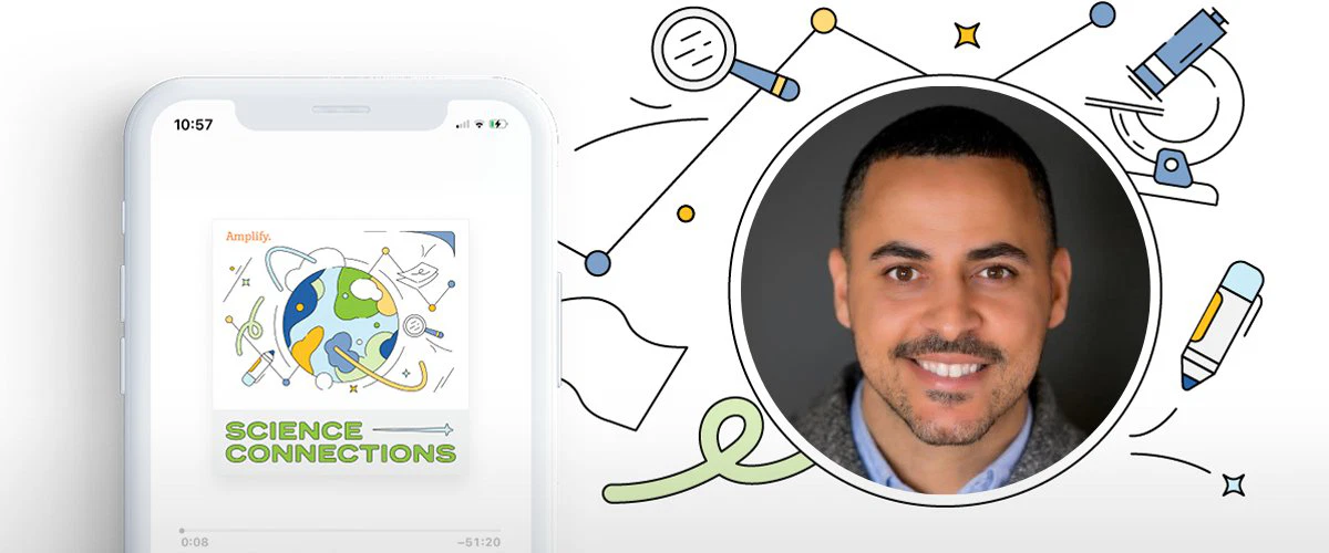 Tablet displaying a "science connections" app with personalized learning icons, next to a stylized image of a smiling man.