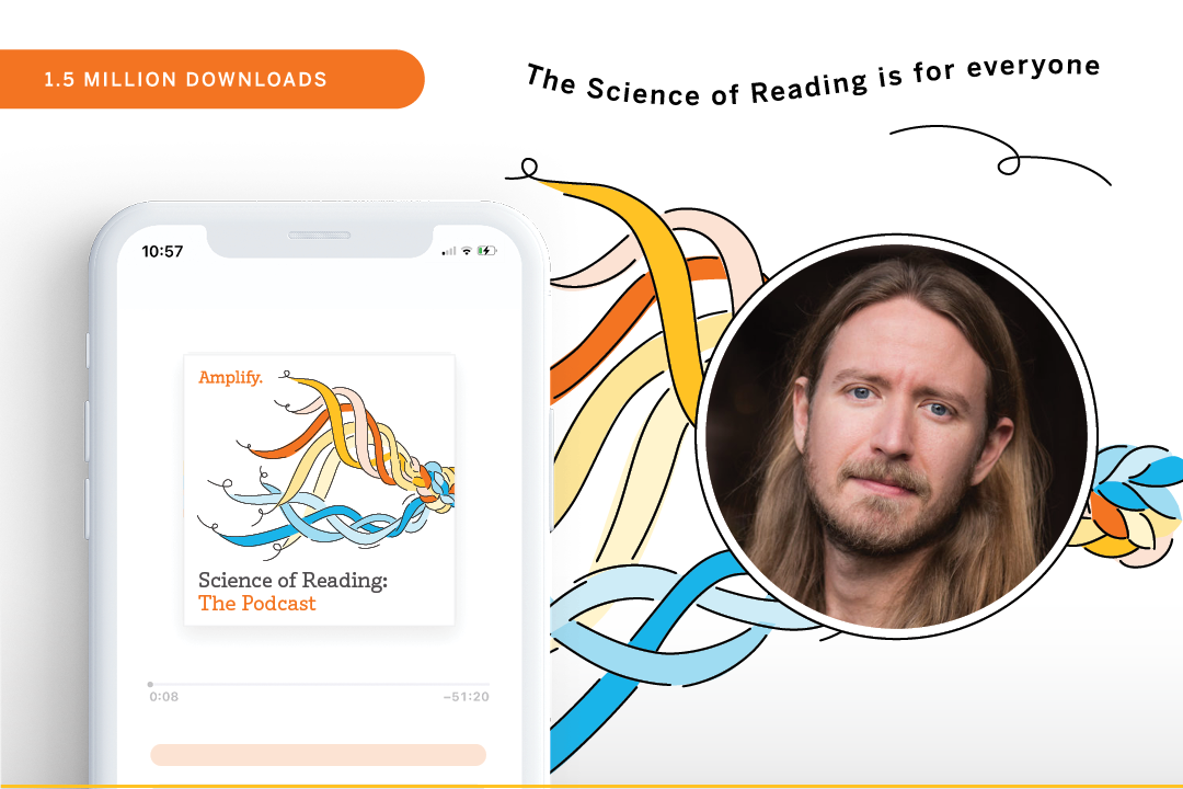 Advertisement for the "learning to read digitally" podcast with 1.5 million downloads, featuring a tablet displaying the podcast and a portrait of a long-haired man.