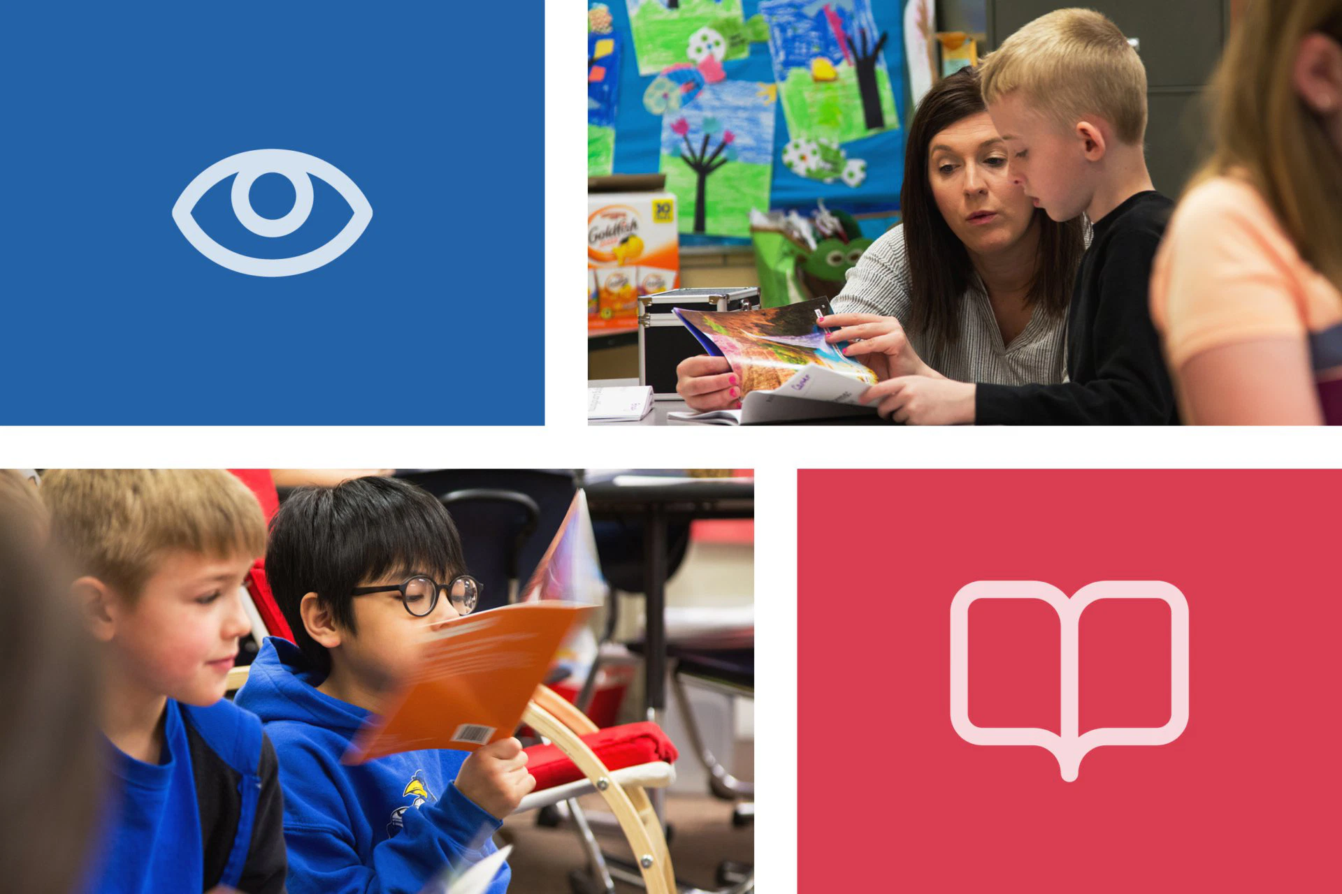 Collage of four images depicting an eye symbol, a teacher and 鶹reading about dyslexia, 鶹reading in class, and a book icon on a red background.