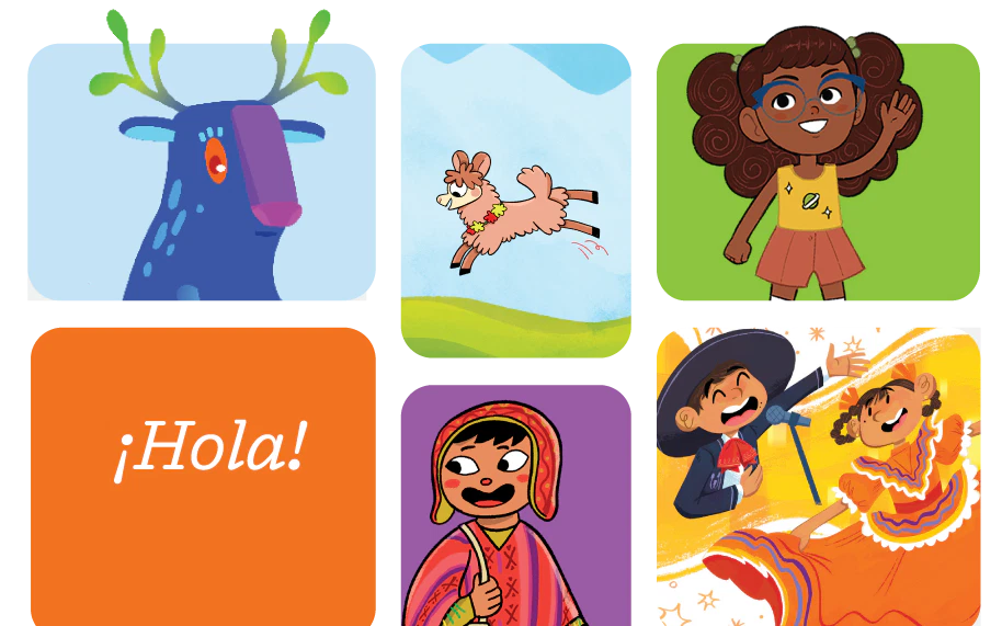 Six illustrated panels featuring a reindeer, a jumping sheep, a girl with curly hair, the word "¡hola!" in orange as part of a biliteracy program, a girl in a