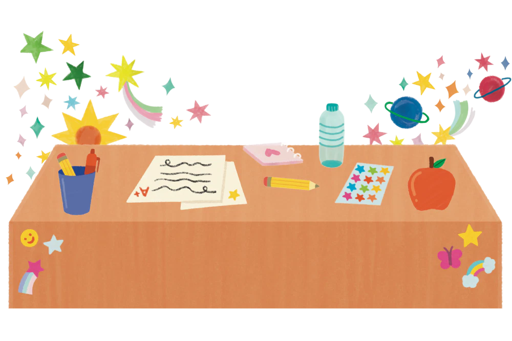 A decorated desk with a writing paper marked with an "A," pencil, star stickers, water bottle, apple, and a cup of crayons. Colorful stars and planets are in the background.