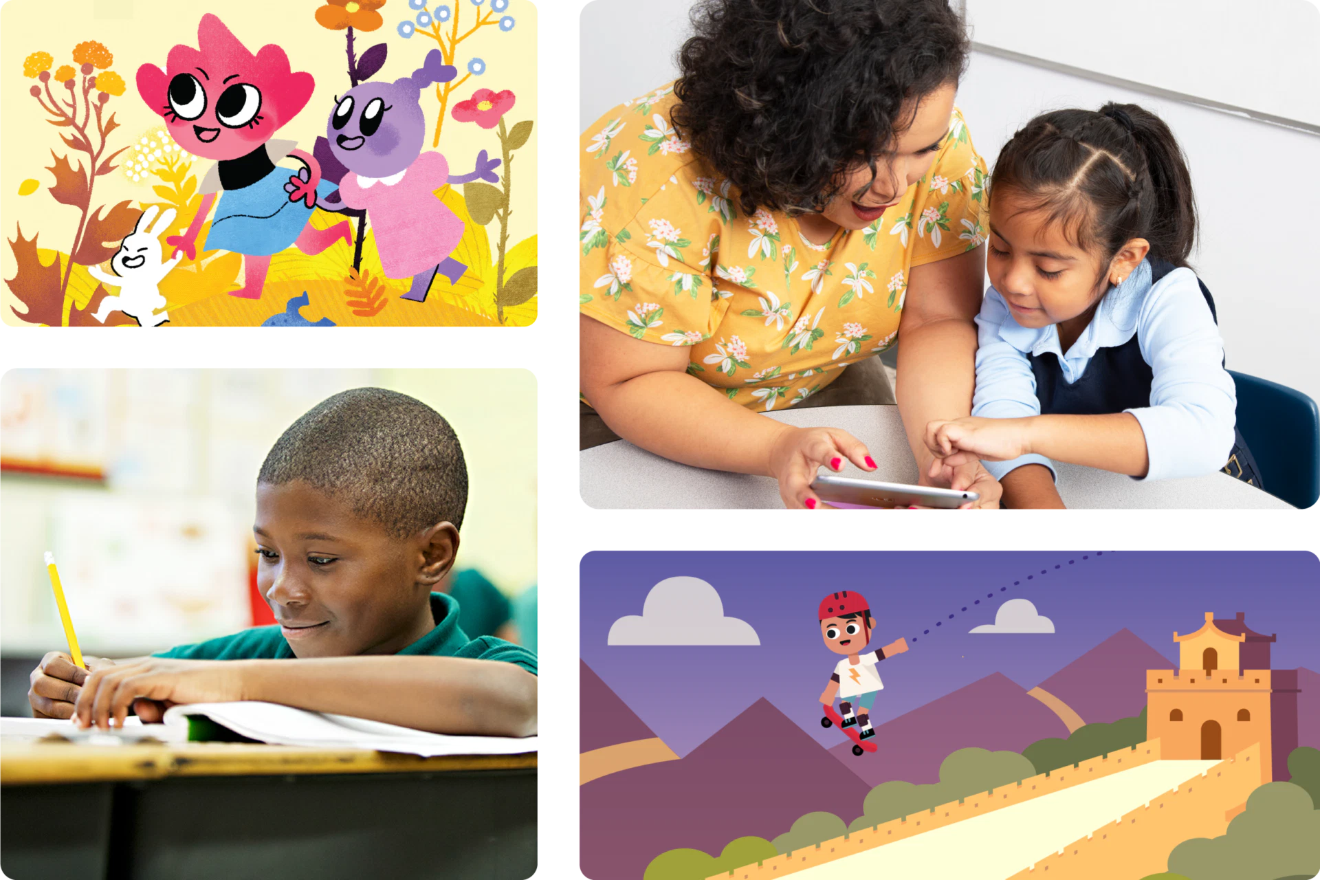 Collage of four images: cartoon animals in a forest promoting early literacy, a teacher assisting a student on a tablet, a boy writing in a notebook, and an animated character skateboarding by a castle