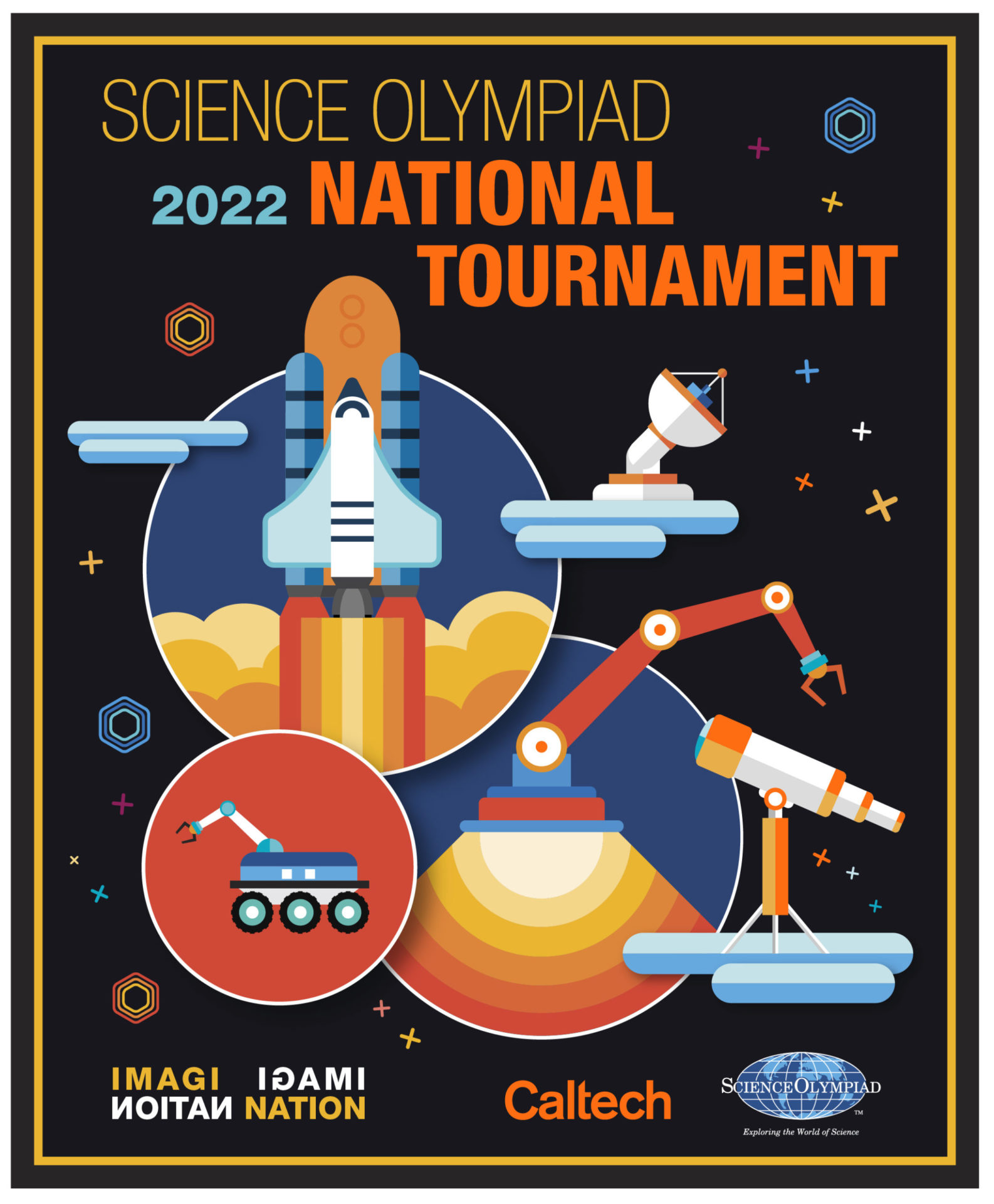 Poster for the 2022 science classroom olympiad national tournament featuring colorful illustrations of a space shuttle, rover, telescope, and robotic arm, with a "caltech" mention.