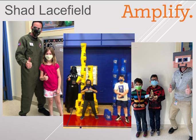 Collage featuring science teachers and students giving thumbs-up, children posing with large lego structure, and another child and adult showing thumbs-up, all in a school setting.