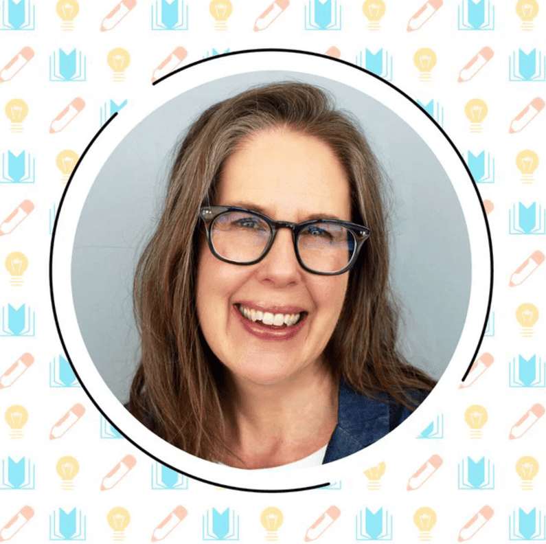 A person with long, light brown hair and glasses smiling in front of a background with book and lightbulb icons.