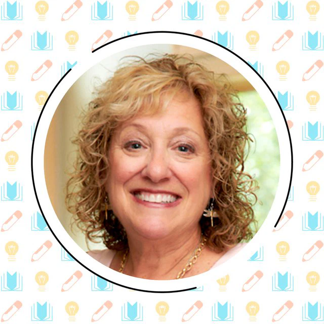 A smiling woman with curly hair is framed in a circular border, set against a background of books and lightbulb icons.