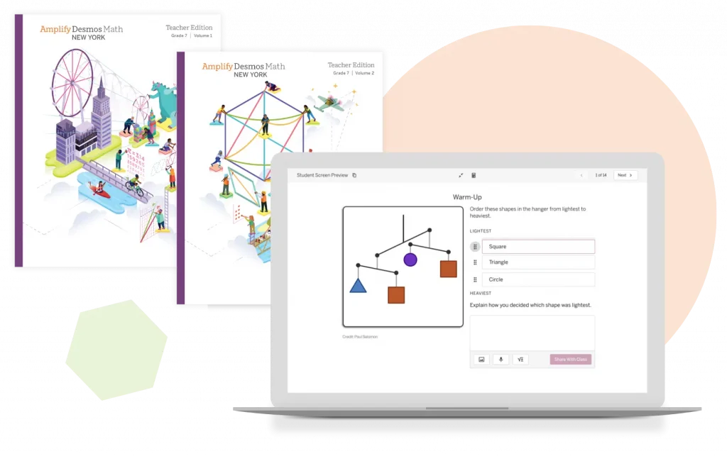 Illustration of a colorful, detailed cityscape next to a laptop screen displaying a geometry lesson from an educational platform.