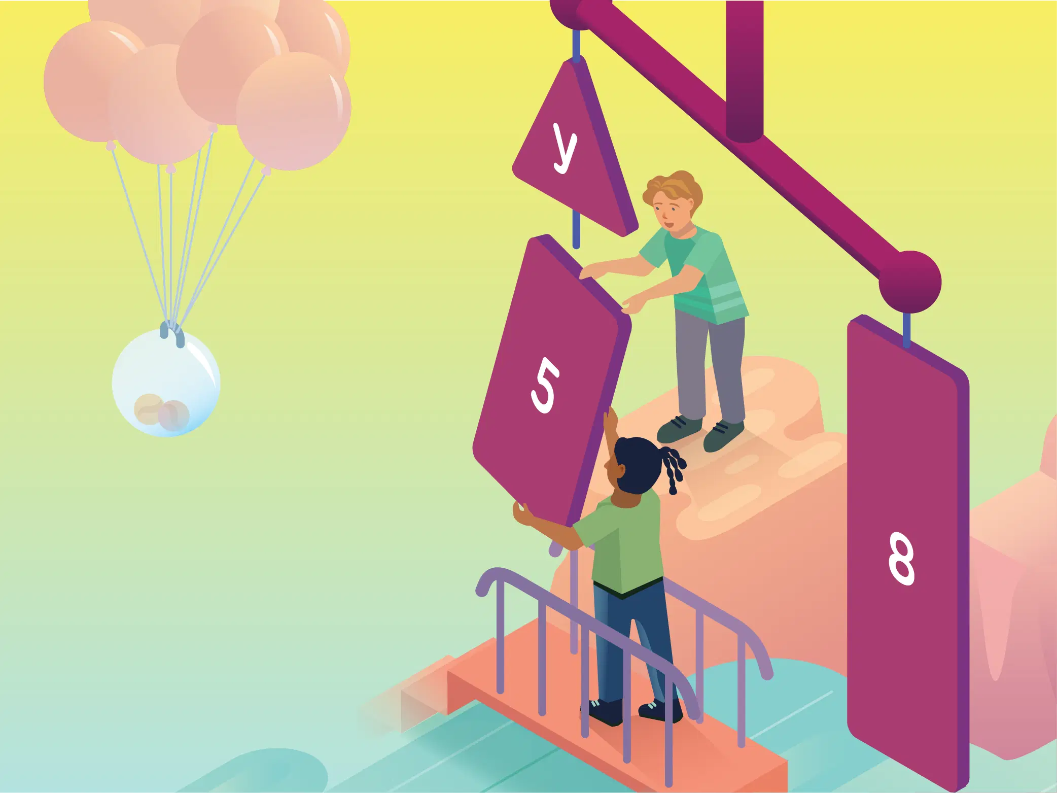 Dos personas manipulan símbolos matemáticos en una balanza mientras equilibran un conjunto de globos y pesas, ilustrando un concepto matemático en un entorno conceptual vibrante.