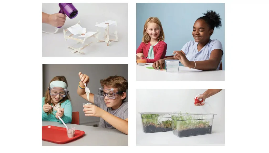 Four children engaged in an amplify science experiment in a classroom, examining materials closely with expressions of curiosity and focus.