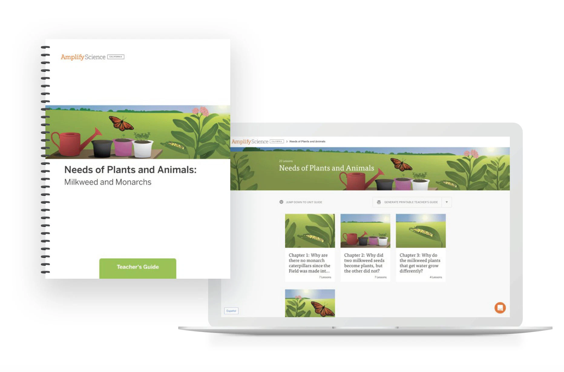 Imagen de una guía para profesores titulada "Necesidades de plantas y animales: algodoncillo y monarcas" junto a una computadora portátil que muestra la misma portada y los materiales en línea que la acompañan.