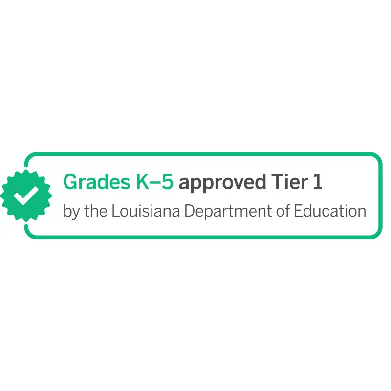 Insignia verde y blanca que indica "Nivel 1 aprobado para los grados K-5 por el Departamento de Educación de Luisiana".