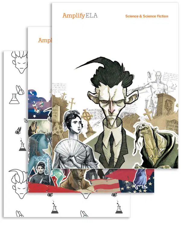 Tres portadas de libros superpuestas con la ilustración de un hombre de traje, una mujer con atuendo histórico y varios elementos científicos. La portada superior se titula "Amplify ELA Science & Science Fiction".