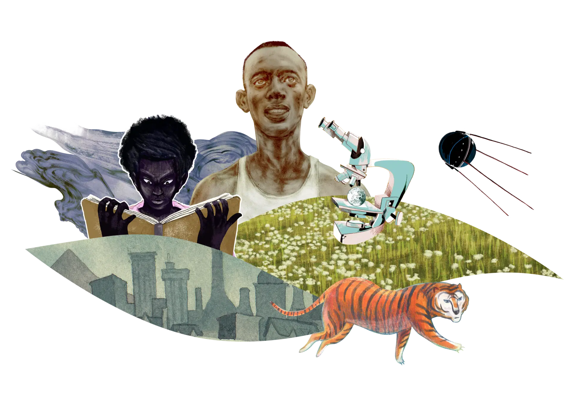 Collage featuring a violinist with glowing eyes, a man with a background of space, a robotic arm, a tiger on a grassy knoll, and a city skyline under a starry sky.