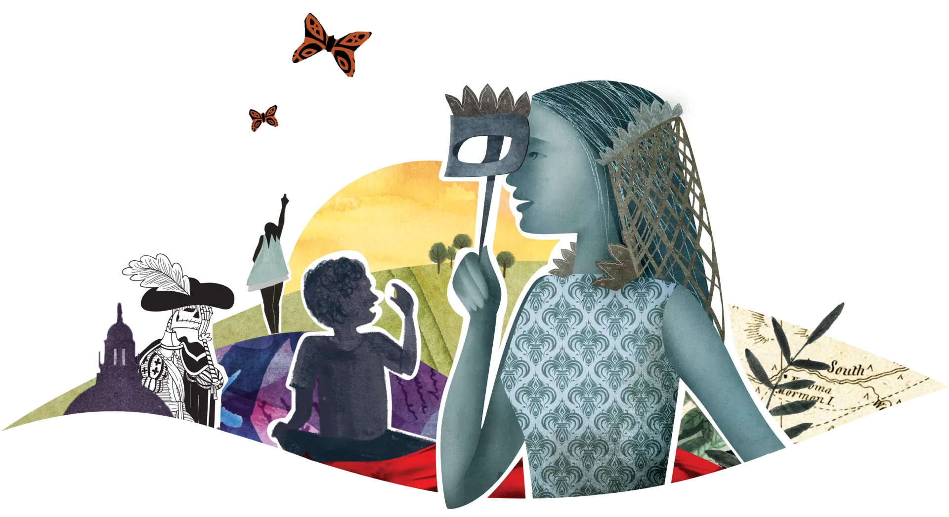 Illustrated scene with people in various poses, including a person holding a mask and a child looking up at butterflies. Background includes abstract shapes and an outdoor setting.