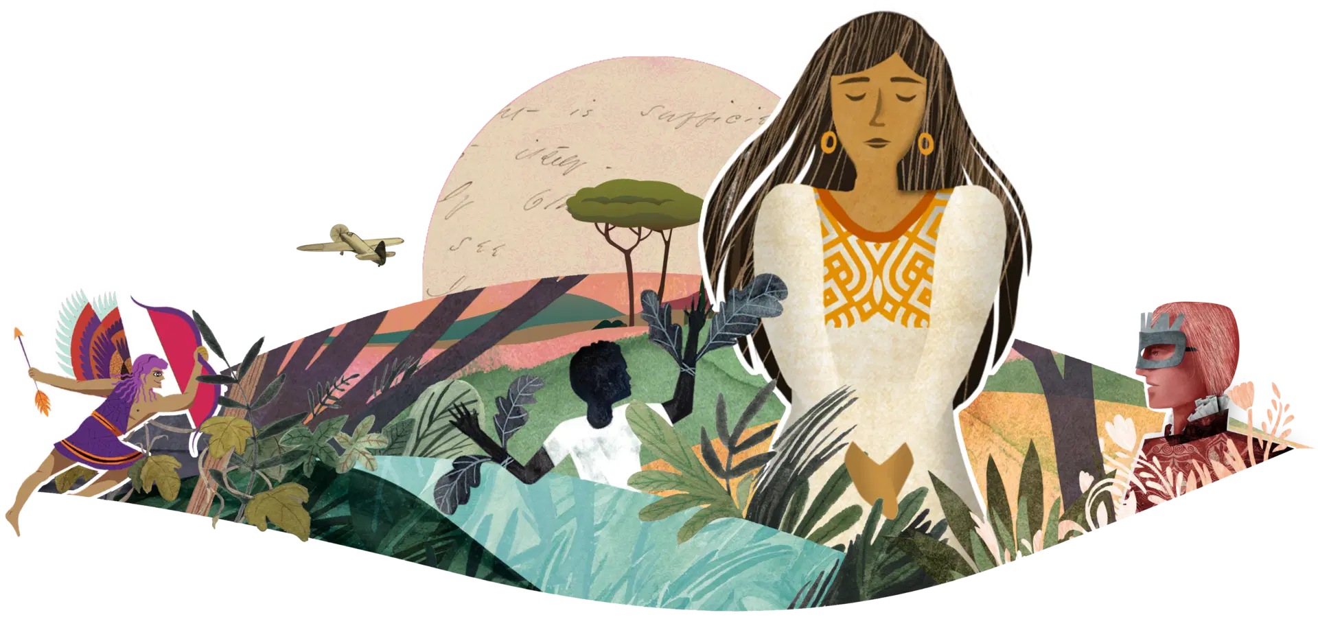 Ilustración de diversos personajes sobre un paisaje iluminado por el atardecer, con plantas, un árbol, un avión y una persona con traje tradicional y ojos cerrados en primer plano.