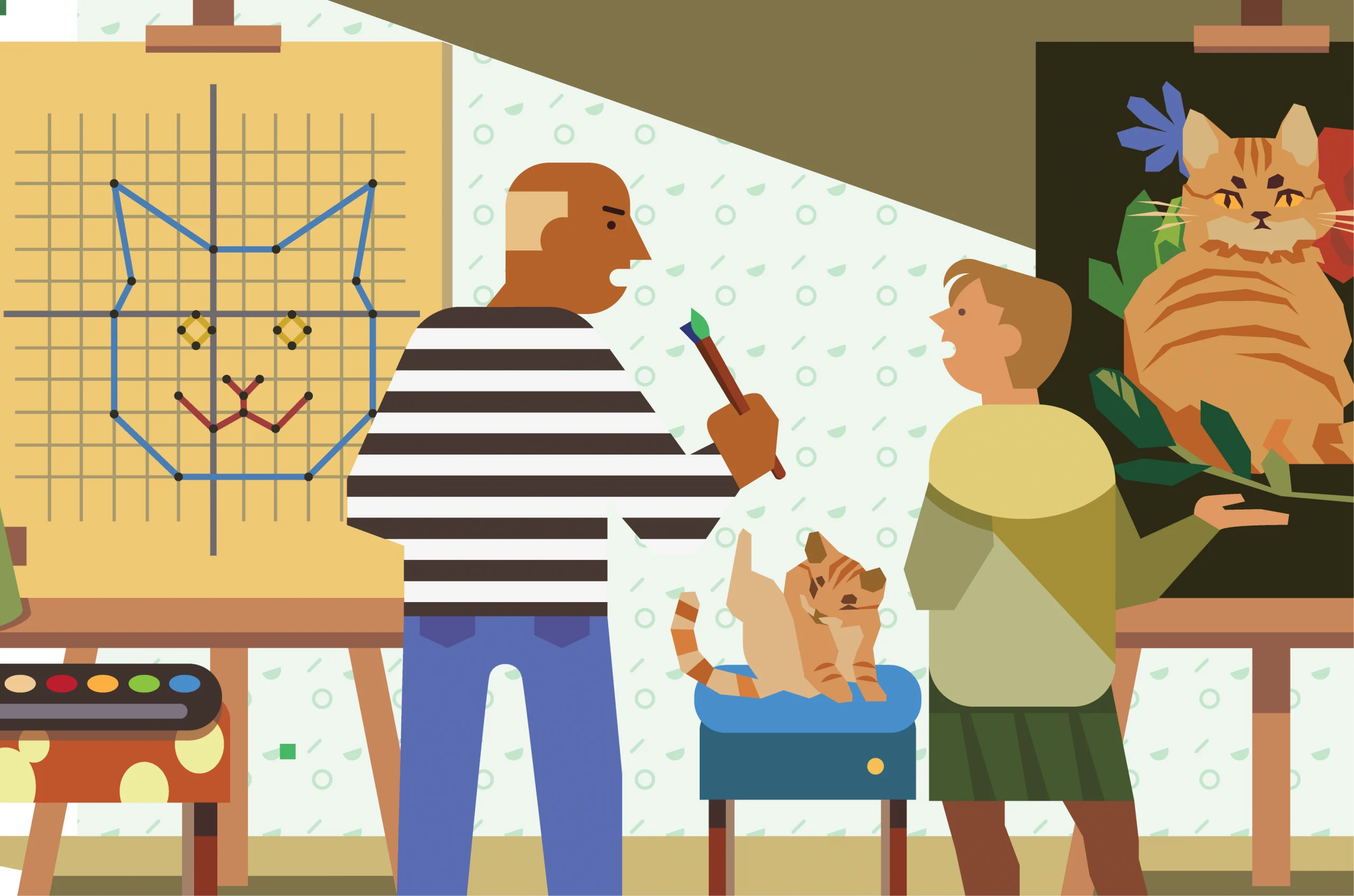 An art teacher and student discuss a cat painting, with another painting of a geometric cat behind them, in a classroom setting.
