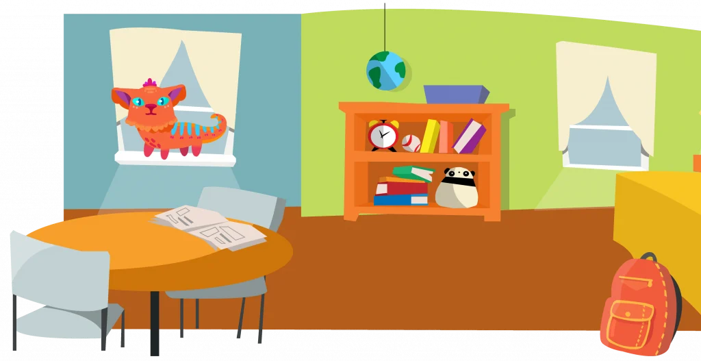 Una habitación colorida con un gato pintando en la pared, una mesa redonda con papeles, una estantería llena de libros y un reloj, y una mochila roja cerca de un sofá.