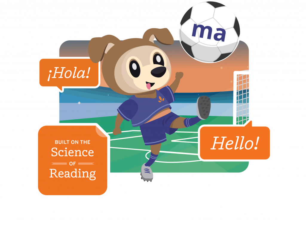 Cartoon dog playing soccer, dressed in a sports kit, with word bubbles saying "hola" and "hello" in English and Spanish, by a goalpost with text "boost lectura.