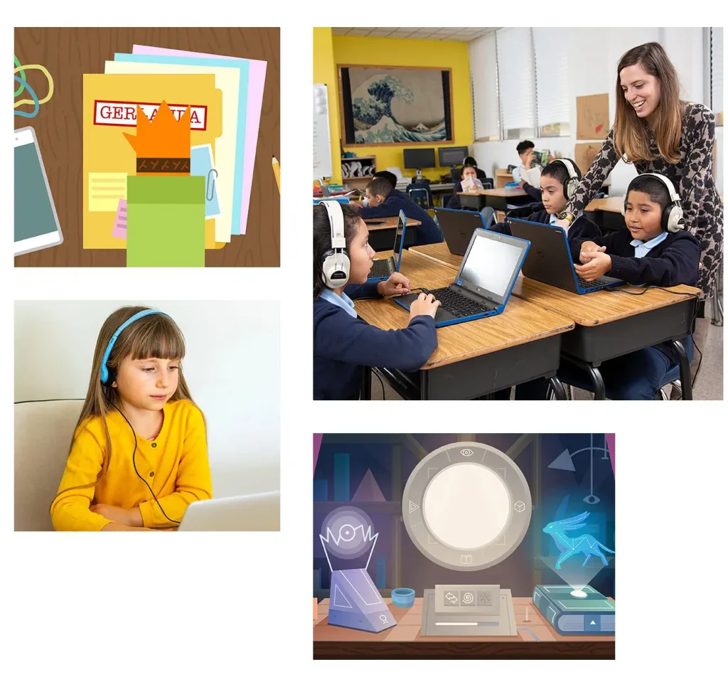 Un collage de imágenes de tecnología educativa: la parte superior izquierda muestra una variedad de íconos de aprendizaje electrónico; arriba a la derecha aparece un maestro con estudiantes usando computadoras portátiles en un salón de clases para el programa Boost Reading; Las imágenes inferiores muestran estudiantes individuales con auriculares.