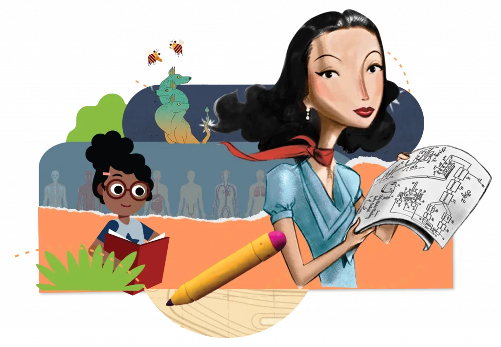 Illustration of a woman with architectural plans, a child reading a book, and sketches of diverse people, symbolizing creativity and learning.
