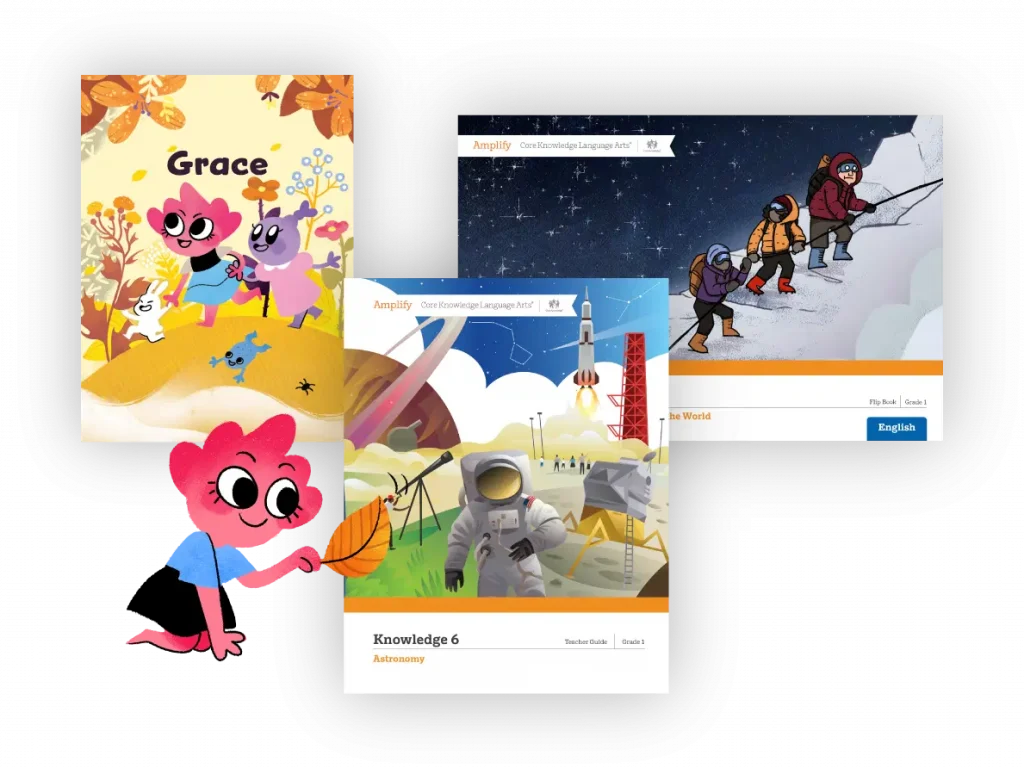Illustration montage featuring scenes of learning: a cartoon character with books, two people shoveling snow under the stars, and an astronaut on a lunar landscape, with educational interfaces.