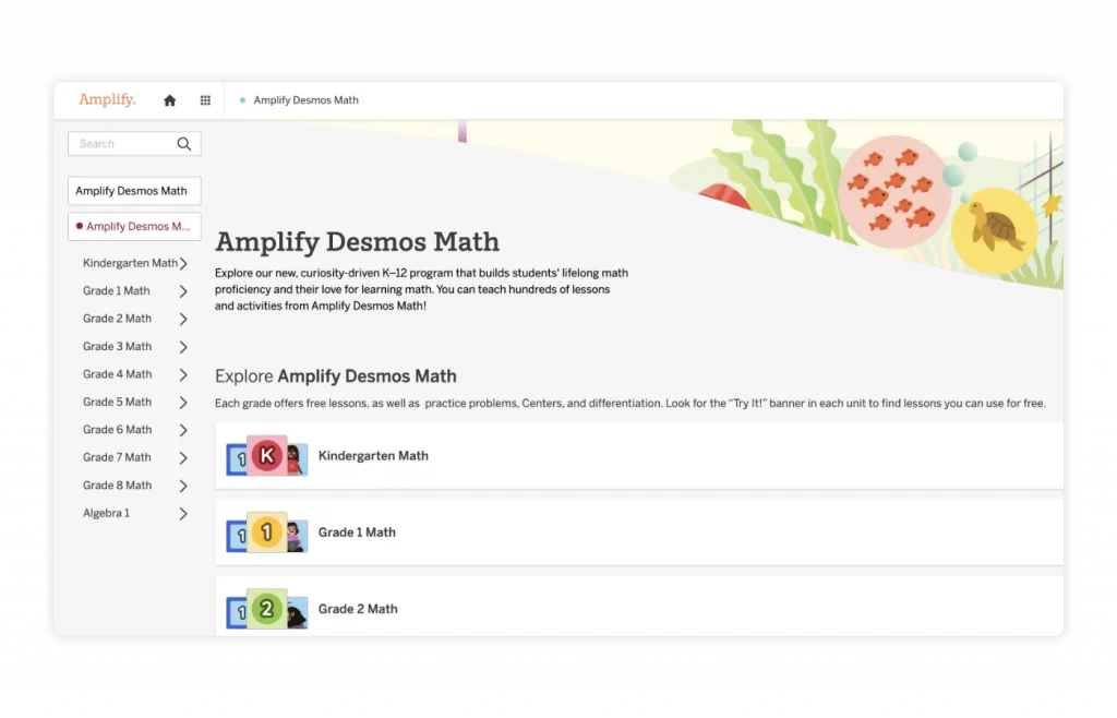 Una página web que muestra el programa Amplify Desmos Math K-12, con enlaces a actividades de matemáticas para los grados desde jardín de infantes hasta Álgebra 1. El menú de la izquierda enumera categorías específicas por grado y la sección principal muestra grados individuales.