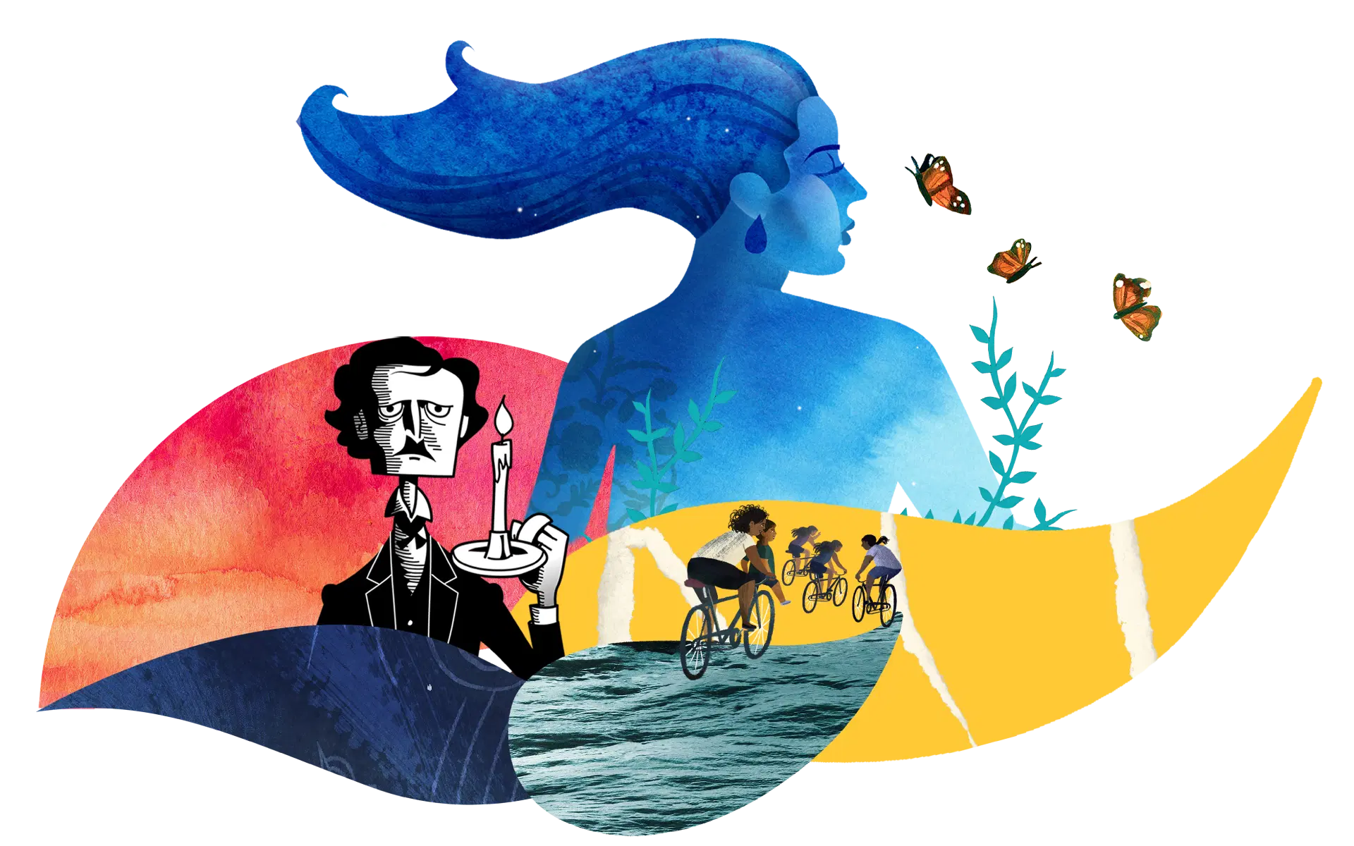 Illustration of a woman's profile with a cosmic theme, featuring various exciting updates including a man in a boat, people biking on a path, and butterflies near the woman's face.