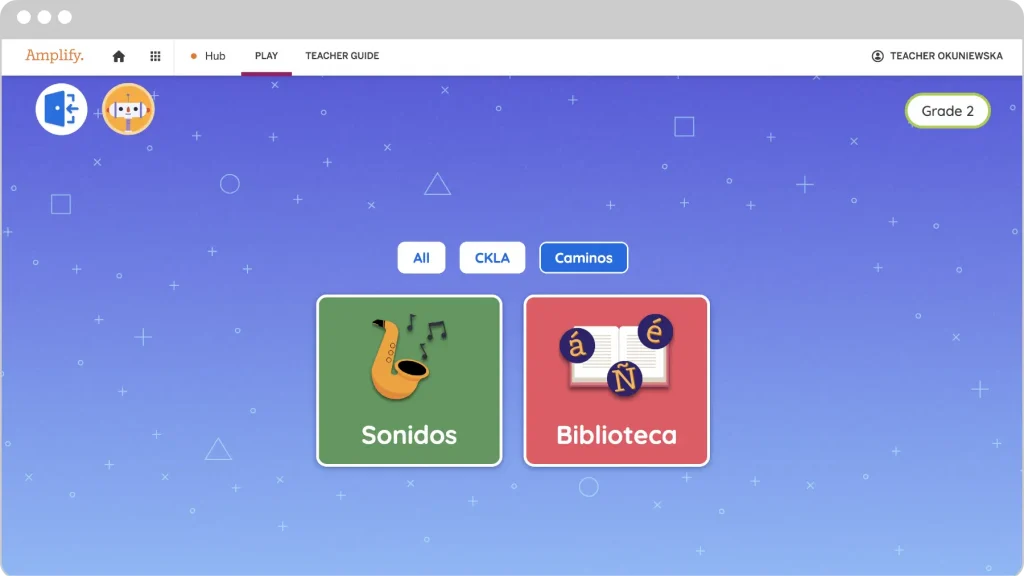 Captura de pantalla de una plataforma educativa para segundo grado que presenta dos íconos de aplicaciones denominados "sonidos" y "biblioteca" sobre un fondo azul con patrón geométrico, parte de la suite Amplify CKLA.