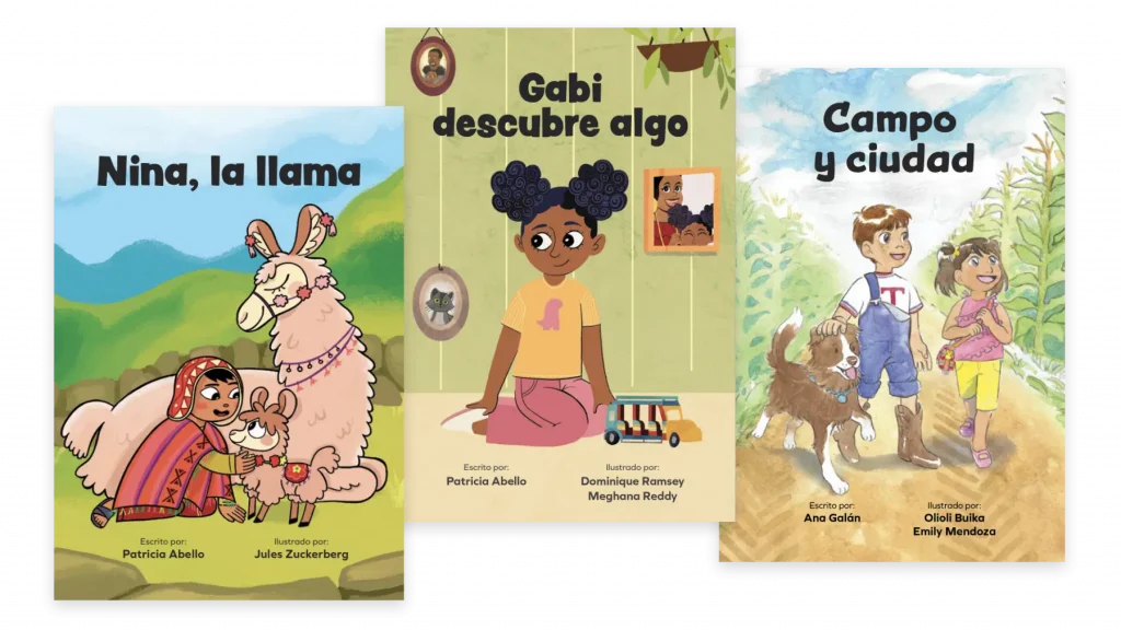 Tres portadas de libros infantiles: "nina, la llama" con una niña y una llama, "gabi descubre algo" con una niña sosteniendo una lupa y "campo y