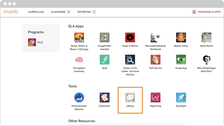 Captura de pantalla de la interfaz de la plataforma educativa Amplify ELA Español que muestra las secciones de "programas y aplicaciones" y "herramientas", con el icono de "biblioteca" resaltado.