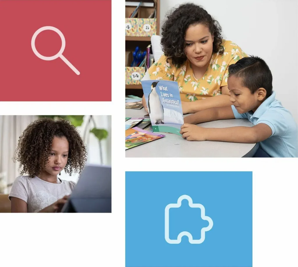 Collage de cuatro imágenes: un ícono de lupa, un cuidador y un estudiante con un libro, una niña usando una computadora portátil y un ícono de pieza de rompecabezas.
