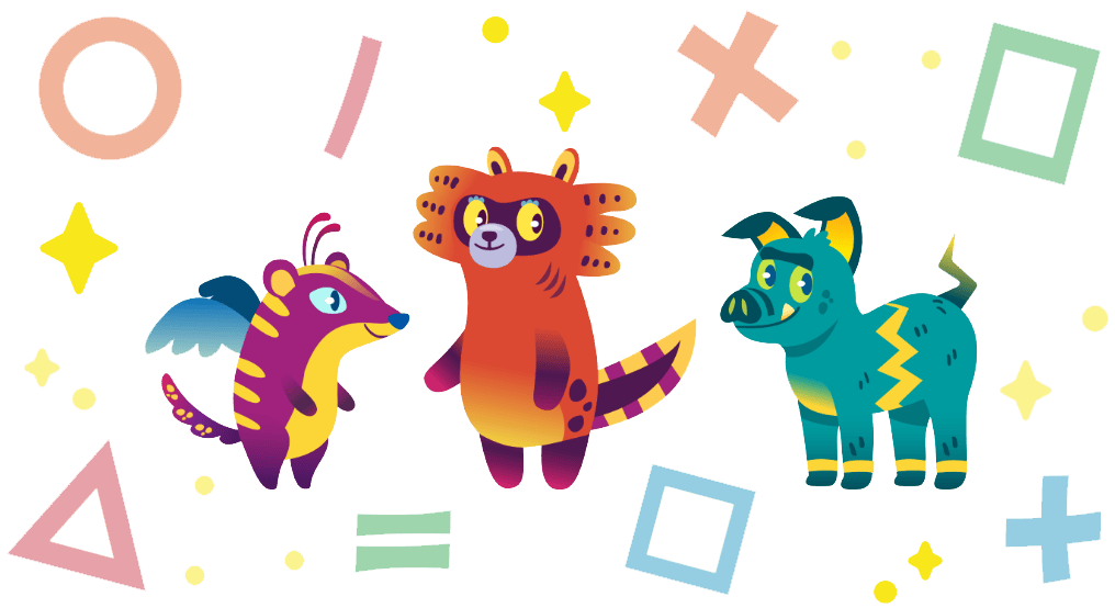 Illustration of three colorful, whimsical creatures, including a dragon, a tiger-like animal, and a blue dog, surrounded by geometric shapes and stars on a black background.